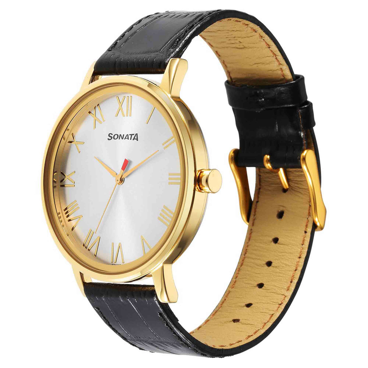 Sonata Silver Dial Black Leather Strap Analog Watch for Men