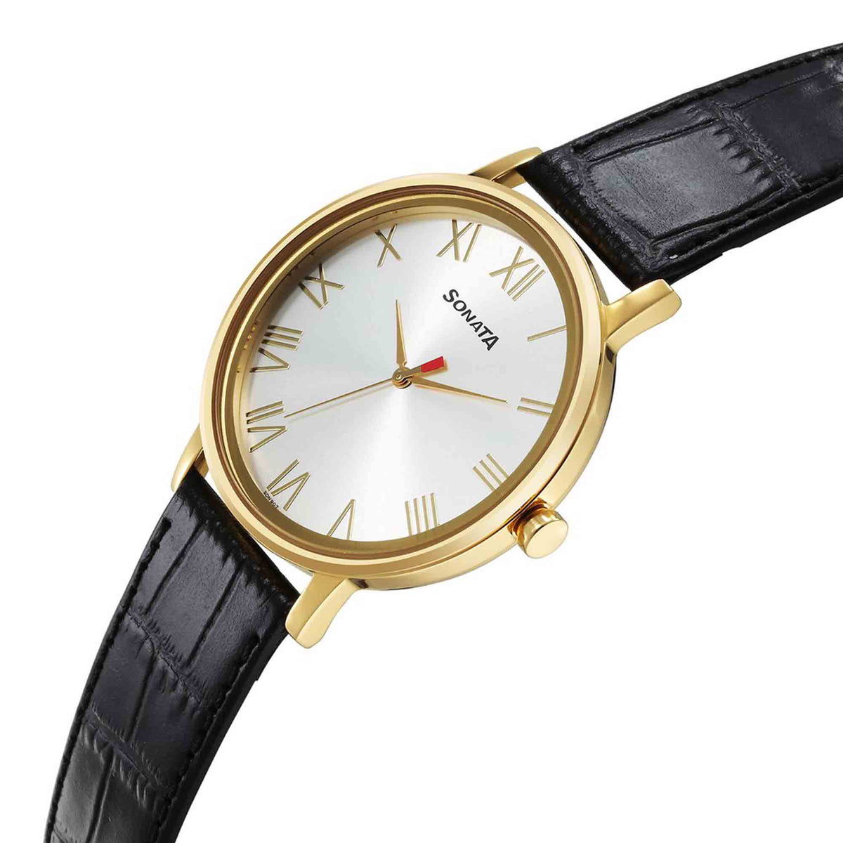 Sonata Silver Dial Black Leather Strap Analog Watch for Men