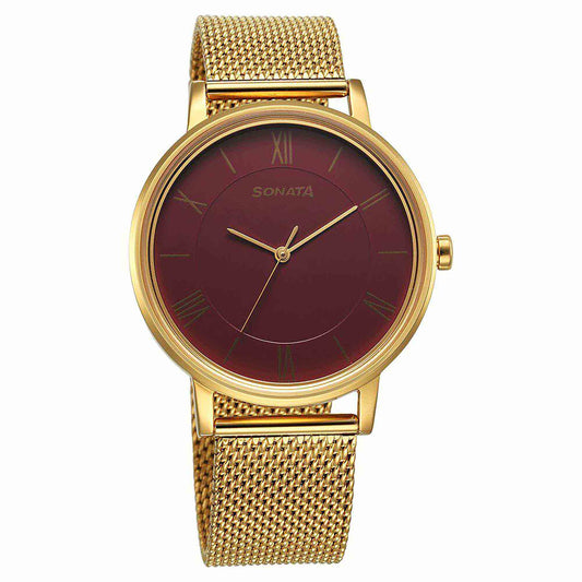 Sota Utsav Quartz Alog Red Dial Stainless Steel Strap Watch for Men (7131YM03)