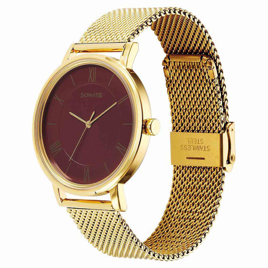 Sota Utsav Quartz Alog Red Dial Stainless Steel Strap Watch for Men (7131YM03)