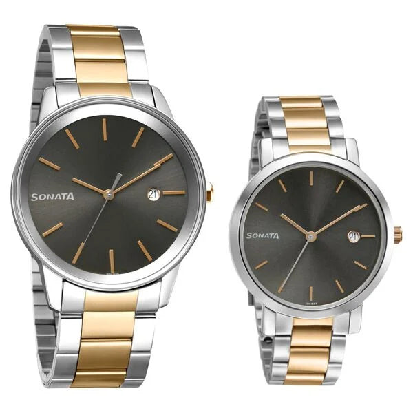 Sonata Black Dial Two Toned Metal Strap Analog with Date Watch for Couple