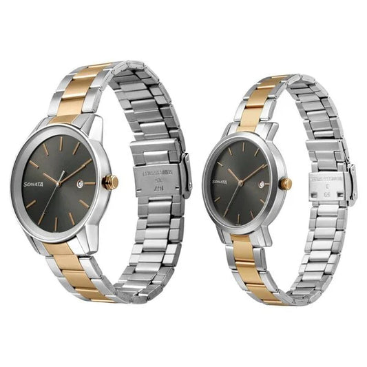 Sonata Black Dial Two Toned Metal Strap Analog with Date Watch for Couple