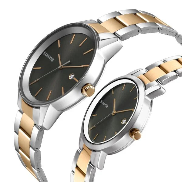 Sonata Black Dial Two Toned Metal Strap Analog with Date Watch for Couple