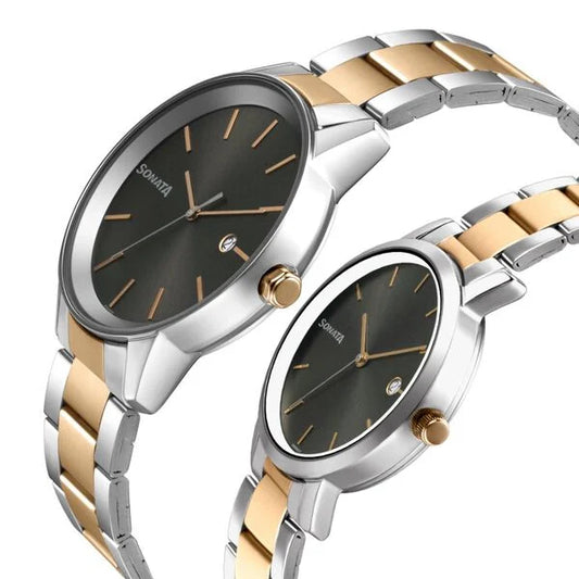 Sonata Black Dial Two Toned Metal Strap Analog with Date Watch for Couple