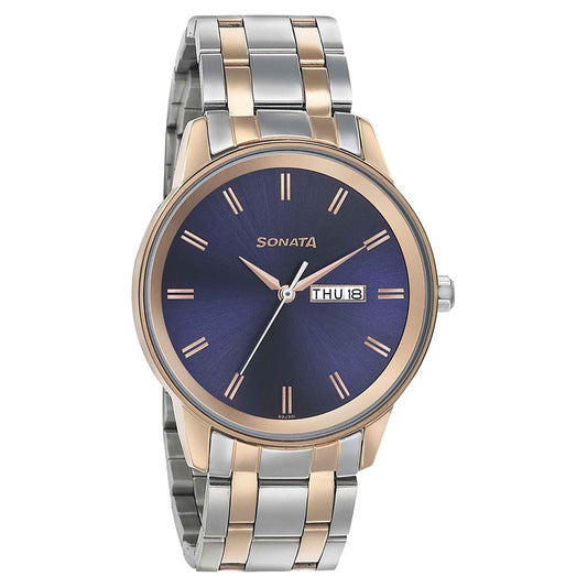 Sonata Quartz Analog with Day and Date Blue Dial Bimetal Strap Watch for Men