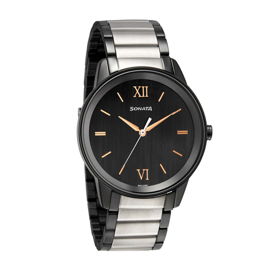 Sonata Black Dial Two Toned Metal Strap Analog Watch for Men