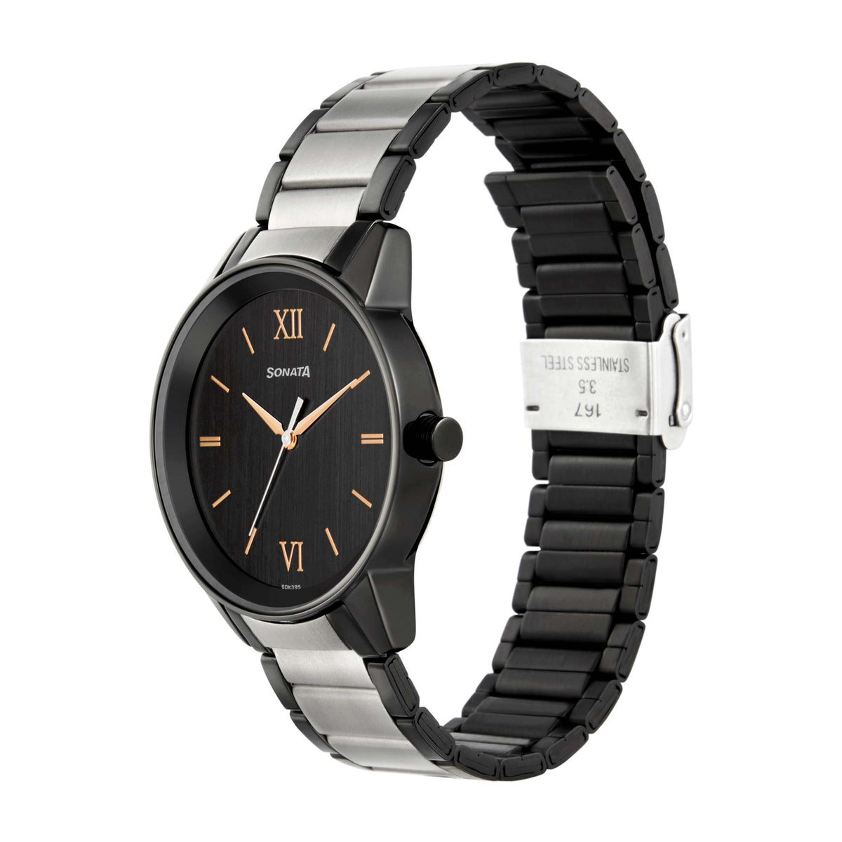 Sonata Black Dial Two Toned Metal Strap Analog Watch for Men