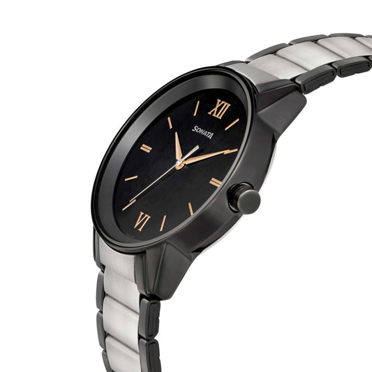 Sonata Black Dial Two Toned Metal Strap Analog Watch for Men