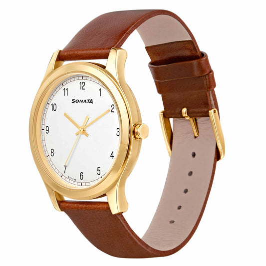 Sonata Quartz Analog White Dial Leather Strap Watch for Men