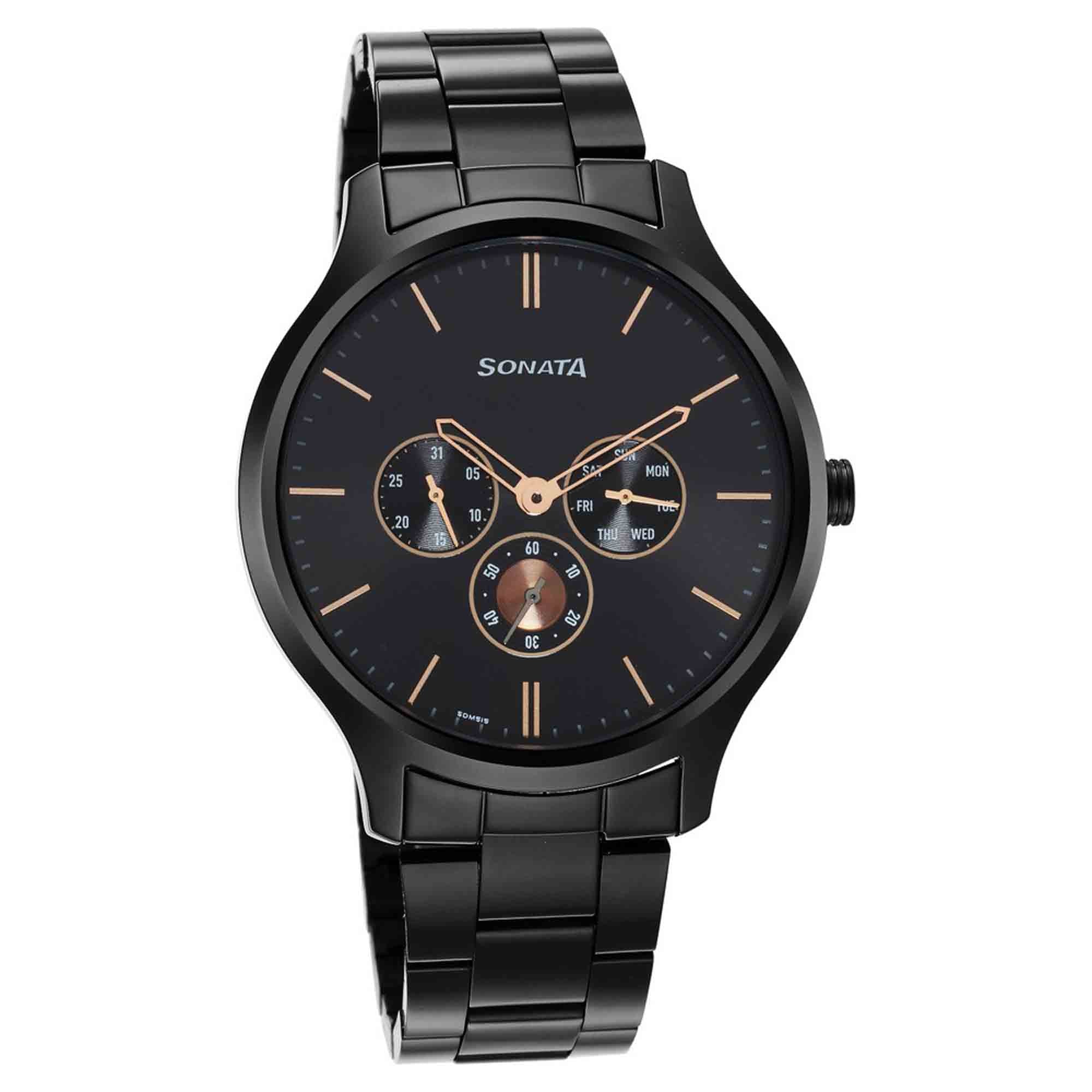 Sonata Black Dial Stainless Steel Strap Multifunction Watch for Men
