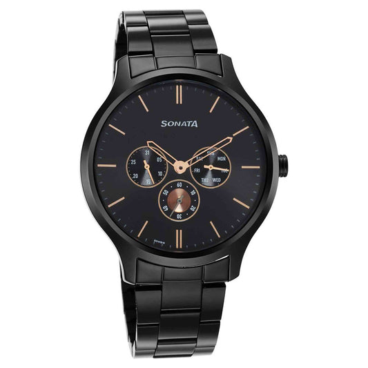 Sonata Black Dial Stainless Steel Strap Multifunction Watch for Men