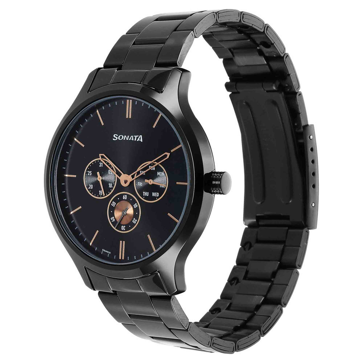 Sonata Black Dial Stainless Steel Strap Multifunction Watch for Men
