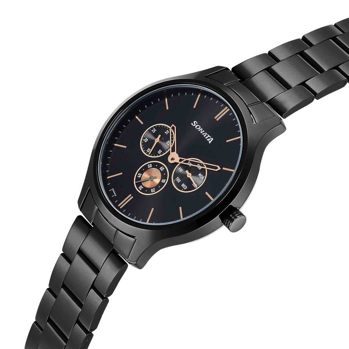 Sonata Black Dial Stainless Steel Strap Multifunction Watch for Men