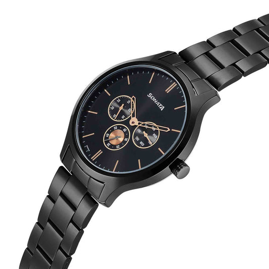 Sonata Black Dial Stainless Steel Strap Multifunction Watch for Men