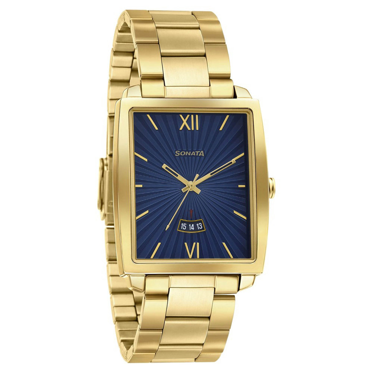 Sonata Blue Dial Gold Stainless Steel Strap Analog with Date Watch for Men