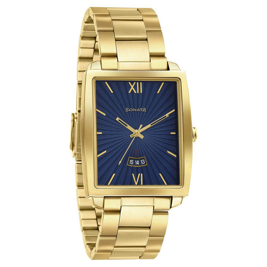 Sonata Blue Dial Gold Stainless Steel Strap Analog with Date Watch for Men