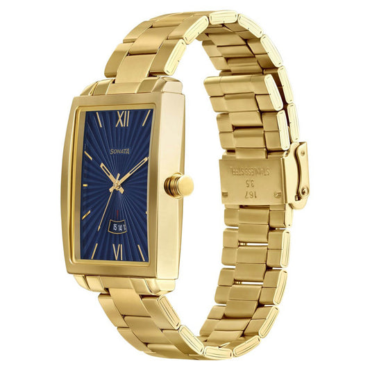 Sonata Blue Dial Gold Stainless Steel Strap Analog with Date Watch for Men