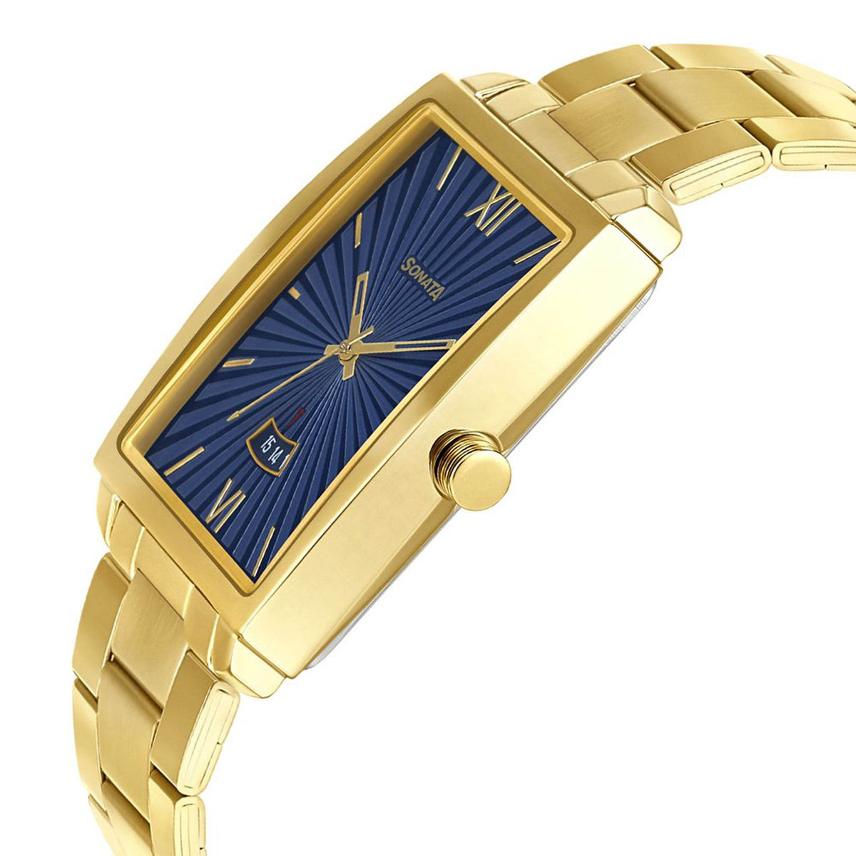 Sonata Blue Dial Gold Stainless Steel Strap Analog with Date Watch for Men