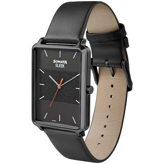 Sonata Black Rectangular Dial Leather Strap Analog Watch for Men