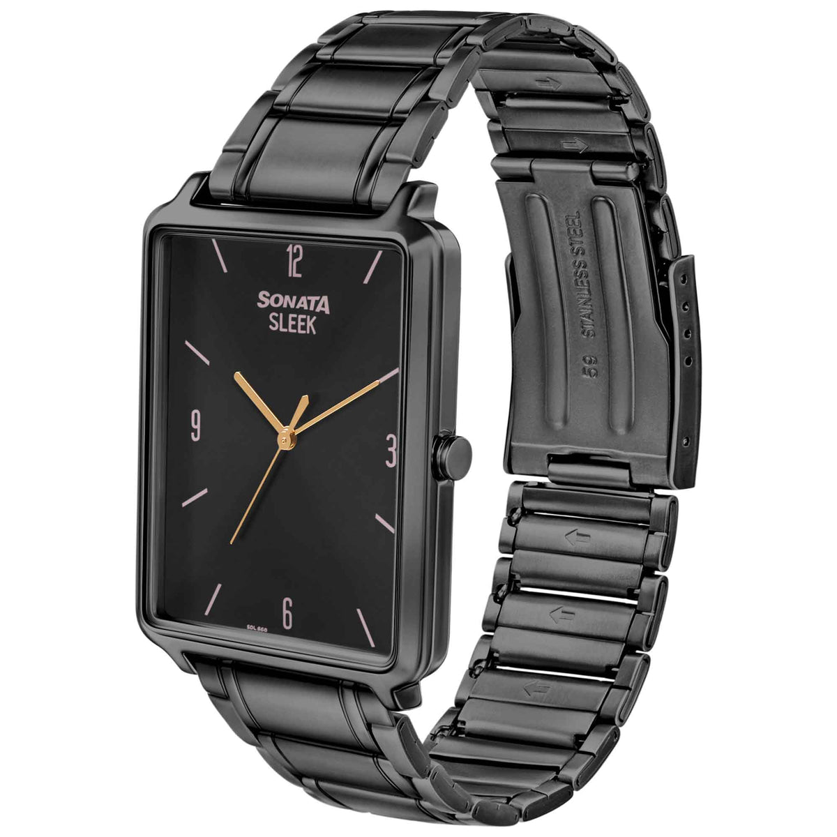 Sonata Black Rectangular Dial Stainless Steel Strap Analog Watch for Men