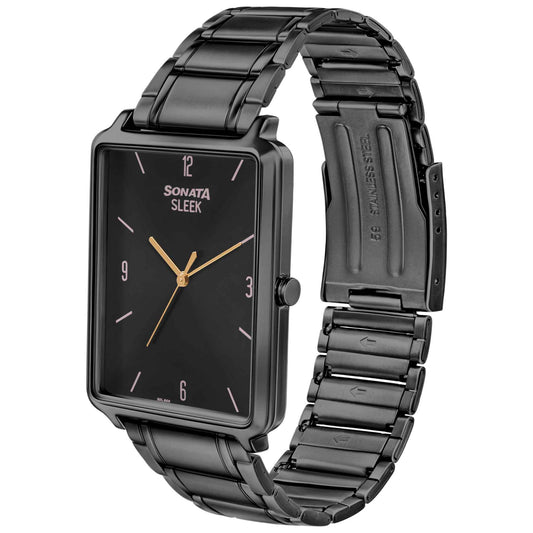 Sonata Black Rectangular Dial Stainless Steel Strap Analog Watch for Men