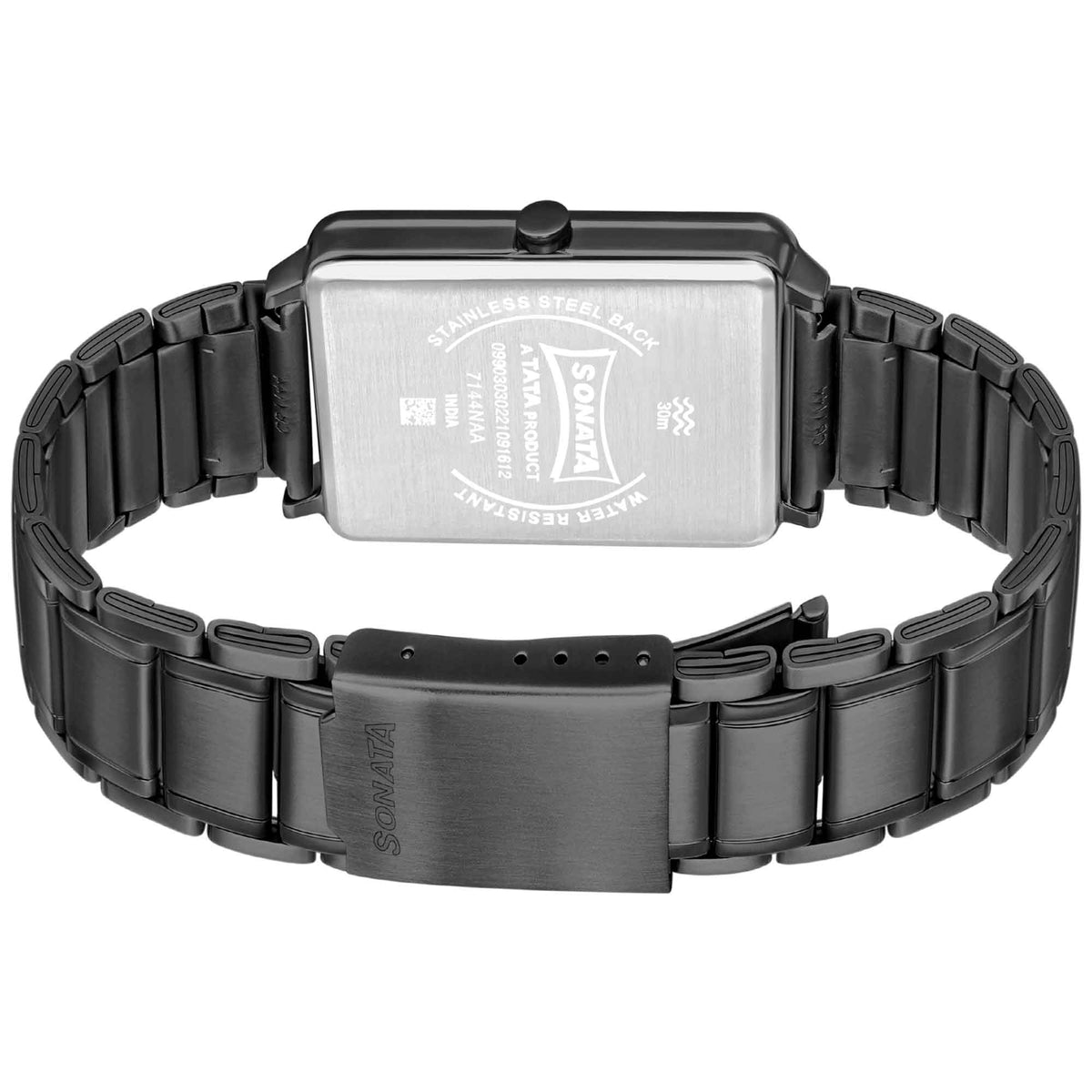 Sonata Black Rectangular Dial Stainless Steel Strap Analog Watch for Men