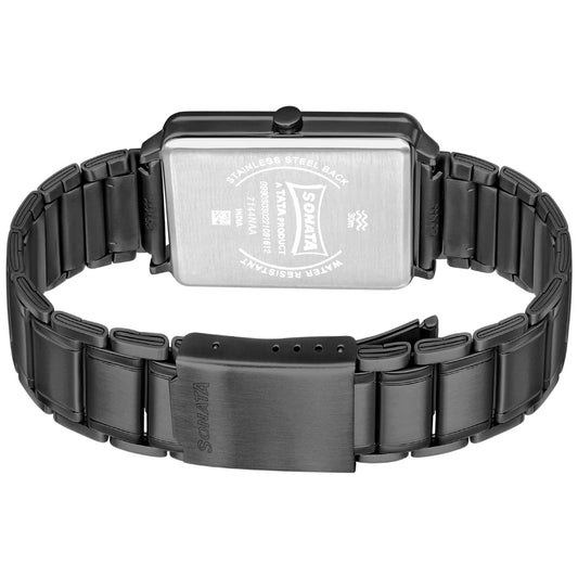 Sonata Black Rectangular Dial Stainless Steel Strap Analog Watch for Men