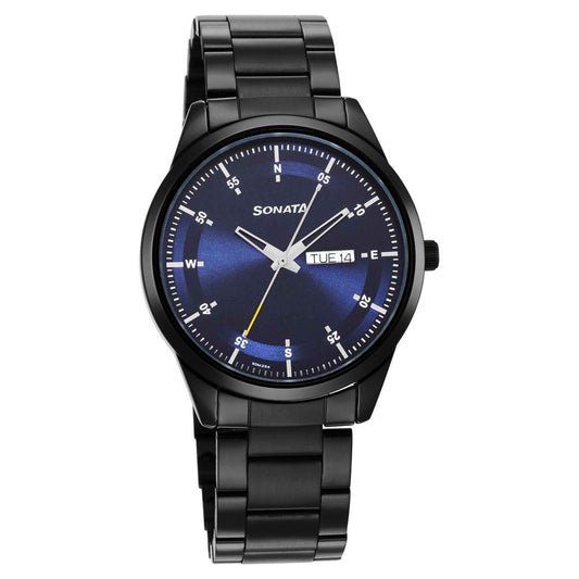 Sonata Force Quartz Analog with Day and Date Blue Dial Stainless Steel Strap Watch for Men