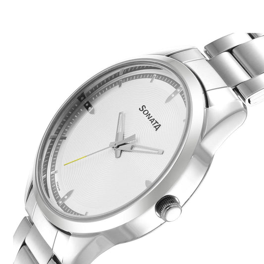 Sonata Quartz Analog Silver Dial Stainless Steel Strap Watch for Men