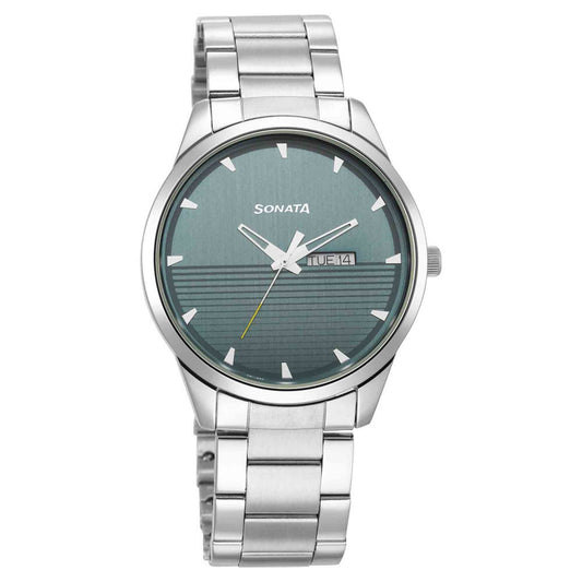 Sonata Force Quartz Analog with Day and Date Blue Dial Stainless Steel Strap Watch for Men