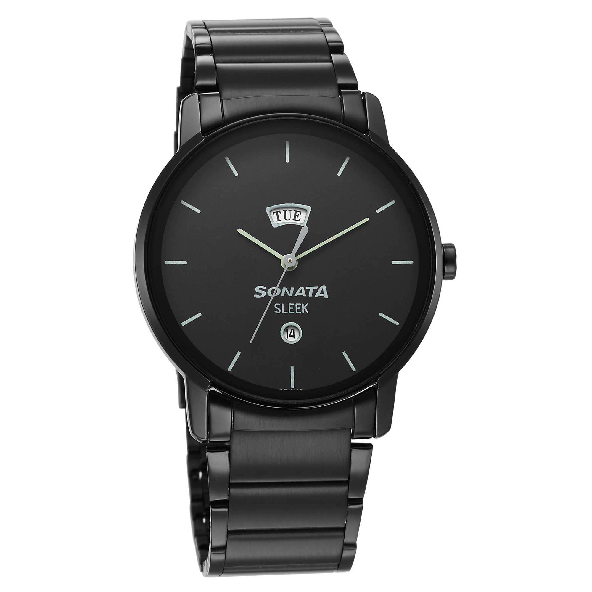 Sonata Black Dial Stainless Steel Strap Analog with Date and Day Watch for Men