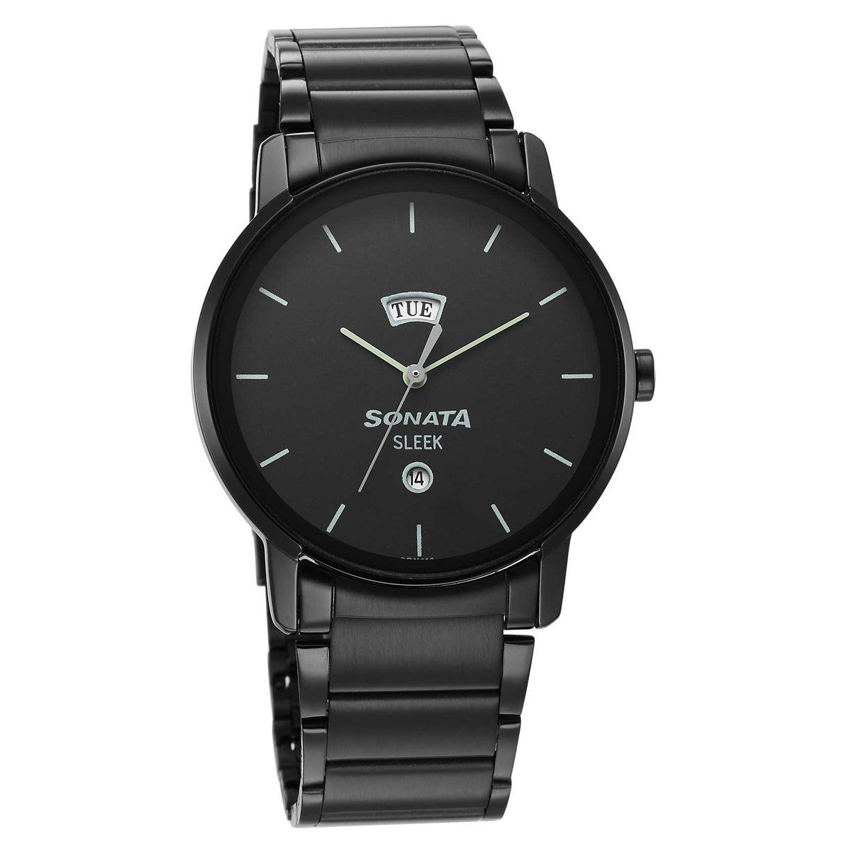 Sonata Black Dial Stainless Steel Strap Analog with Date and Day Watch for Men