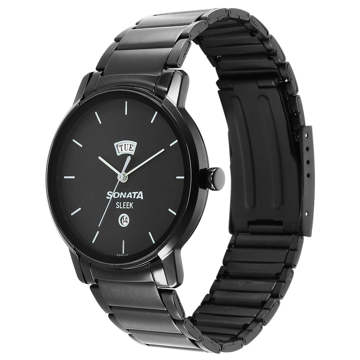 Sonata Black Dial Stainless Steel Strap Analog with Date and Day Watch for Men