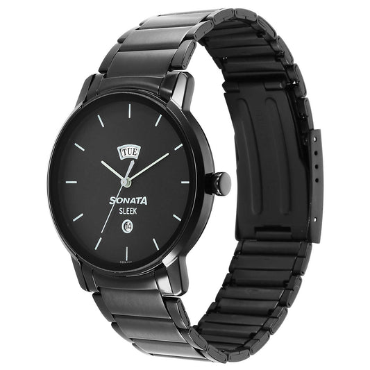 Sonata Black Dial Stainless Steel Strap Analog with Date and Day Watch for Men