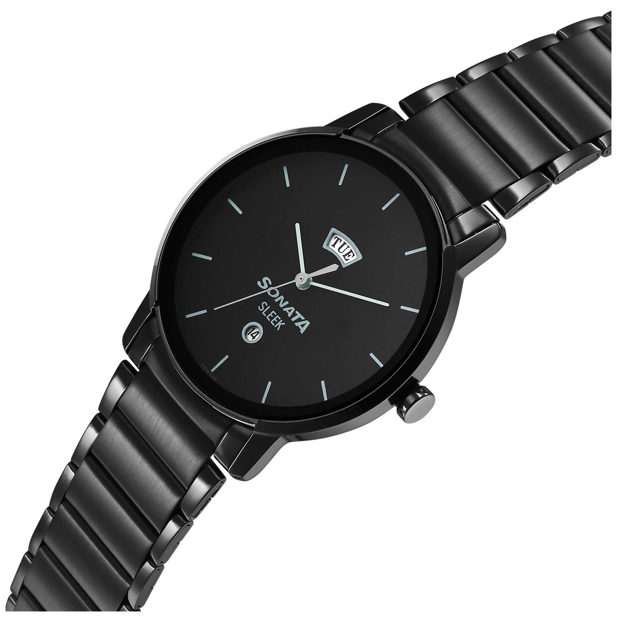 Sonata Black Dial Stainless Steel Strap Analog with Date and Day Watch for Men