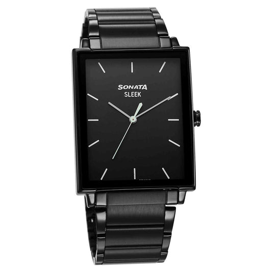 Sonata Black Rectangular Dial Stainless Steel Strap Analog Watch for Men