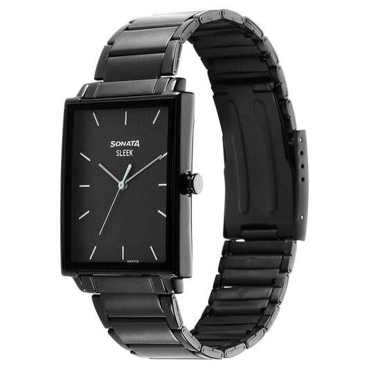 Sonata Black Rectangular Dial Stainless Steel Strap Analog Watch for Men
