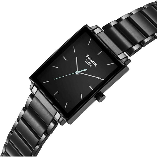 Sonata Black Rectangular Dial Stainless Steel Strap Analog Watch for Men