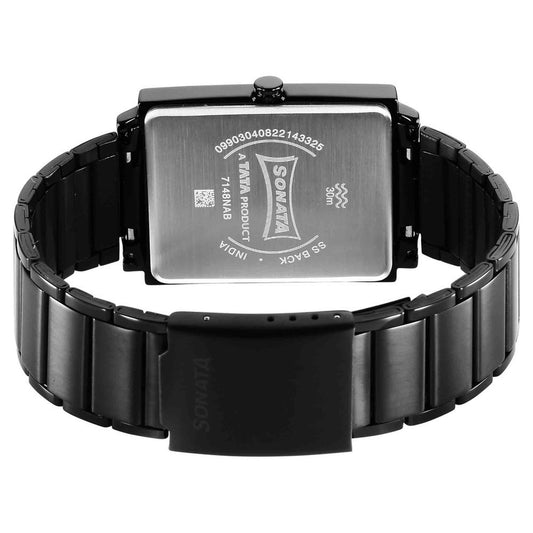 Sonata Black Rectangular Dial Stainless Steel Strap Analog Watch for Men