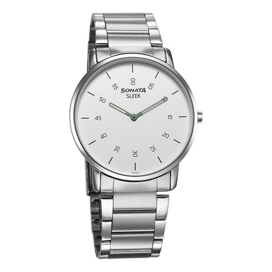 Sonata White Dial Silver Stainless Steel Strap Analog Watch for Men