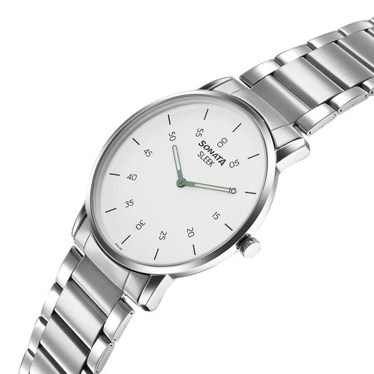 Sonata White Dial Silver Stainless Steel Strap Analog Watch for Men
