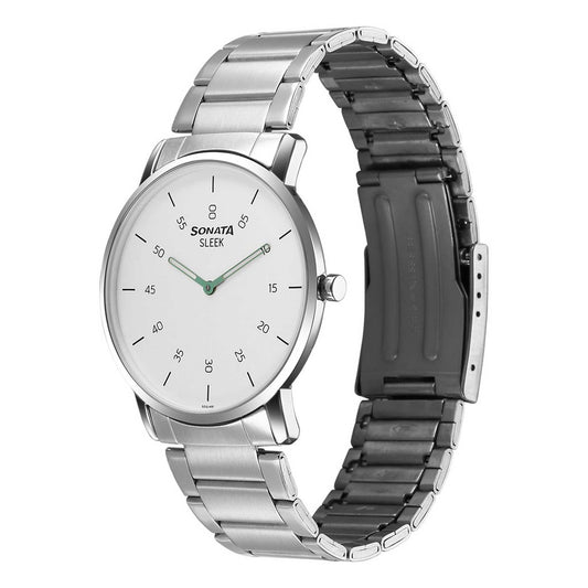 Sonata White Dial Silver Stainless Steel Strap Analog Watch for Men