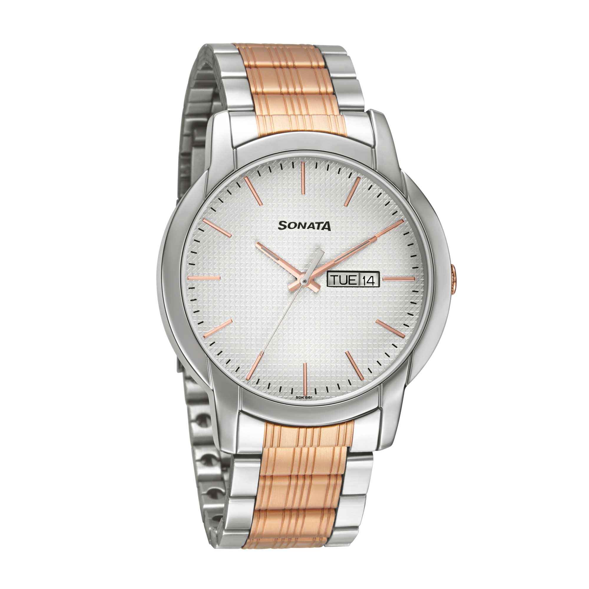 Sonata White Dial Two Toned Metal Strap Analog with Date and Day Watch for Men