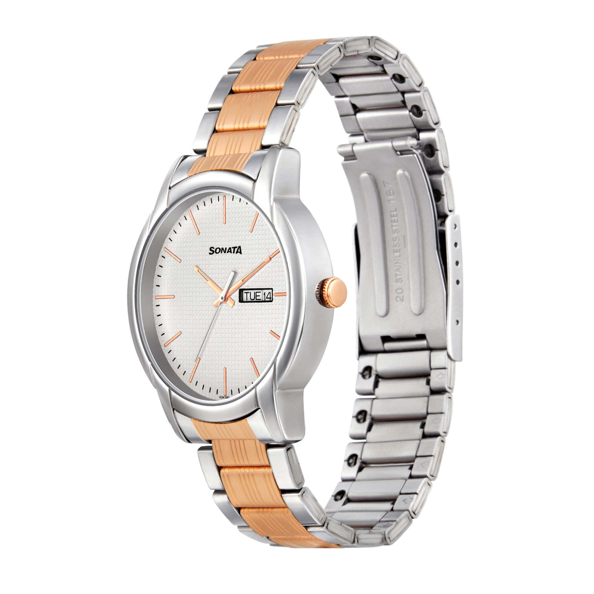 Sonata White Dial Two Toned Metal Strap Analog with Date and Day Watch for Men