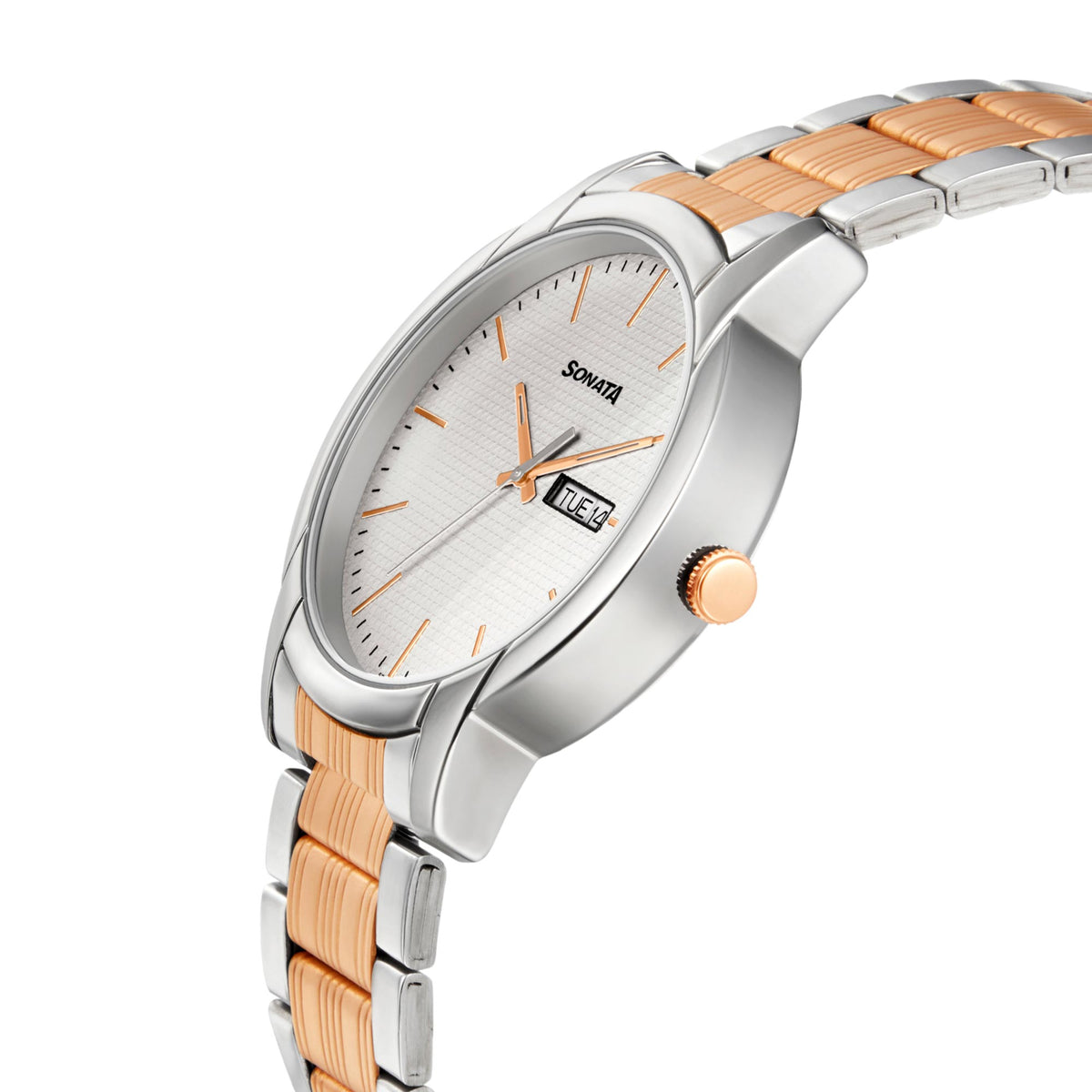 Sonata White Dial Two Toned Metal Strap Analog with Date and Day Watch for Men