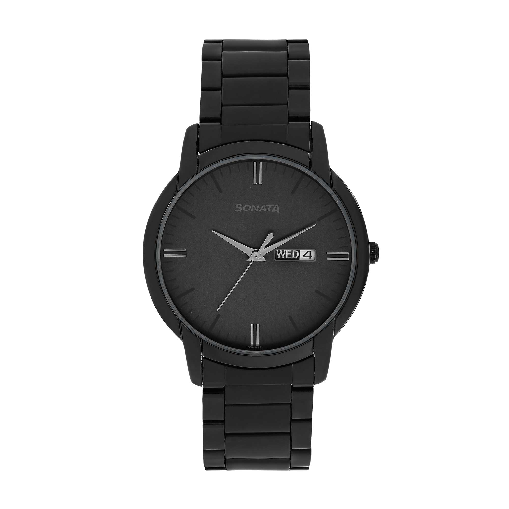 Sonata Black Dial Stainless Steel Strap Analog with Date and Day Watch for Men