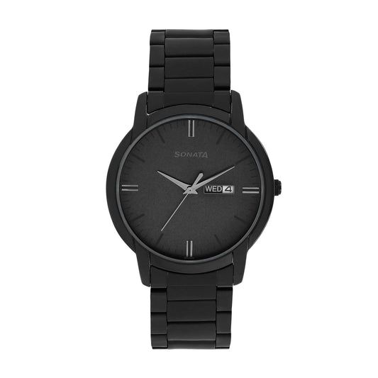 Sonata Black Dial Stainless Steel Strap Analog with Date and Day Watch for Men