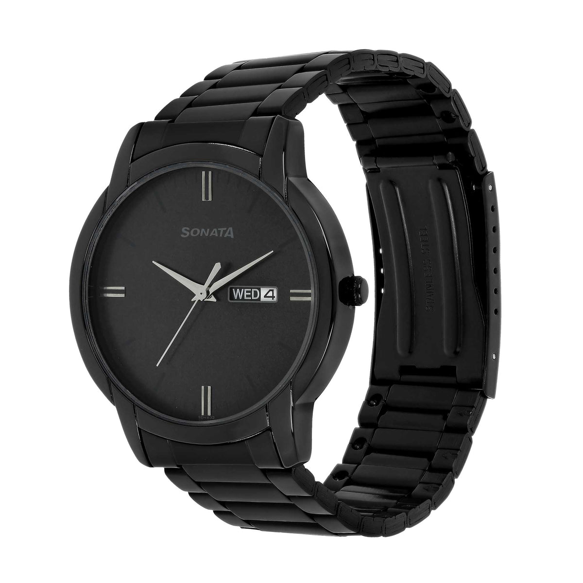 Sonata Black Dial Stainless Steel Strap Analog with Date and Day Watch for Men