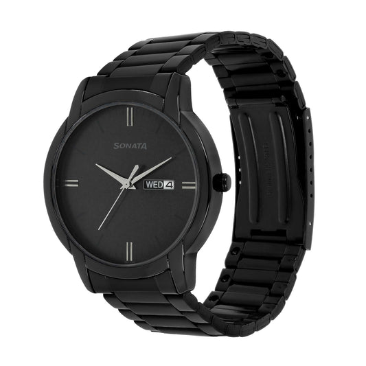 Sonata Black Dial Stainless Steel Strap Analog with Date and Day Watch for Men
