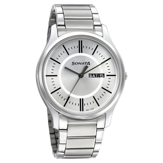 Sonata Quartz Analog with Day and Date Silver Dial Stainless Steel Strap Watch for Men